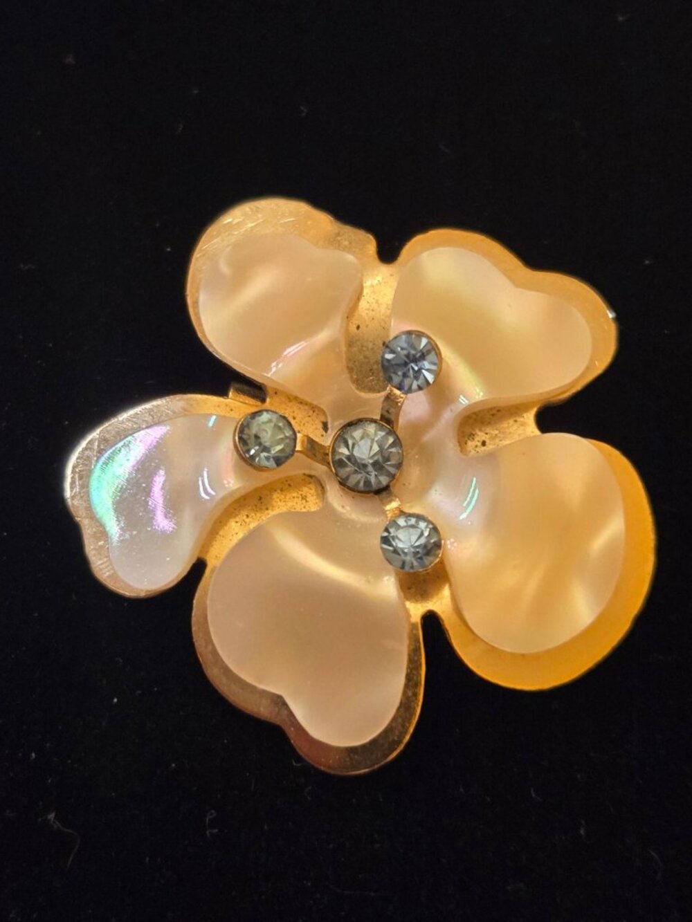 Vintage Gold-Tone Flower Brooch With Pearlized Petals & Rhinestone Accents